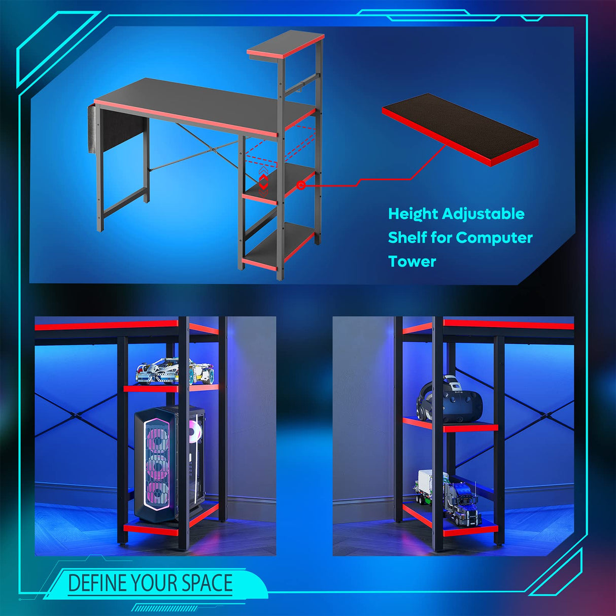 Bestier Gaming Desk with LED Lights, 44 Inch PC Gamer Desk for Small Spaces, Computer Desk with Reversible Storage Shelves & Side Storage Bag (Black 3D Carbon Fiber) Bestier