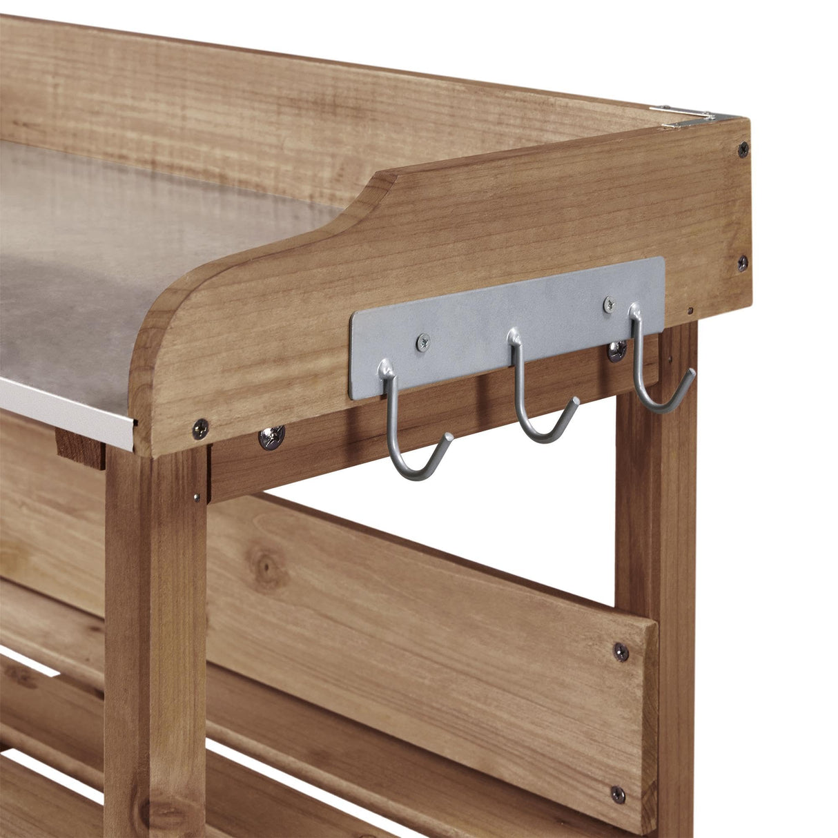 Topeakmart Potting Bench Table w/Metal Tabletop for Garden, Fir Wood Workstation w/3 Tier Shelves, Outdoor Work Bench w/Hook Brown Topeakmart