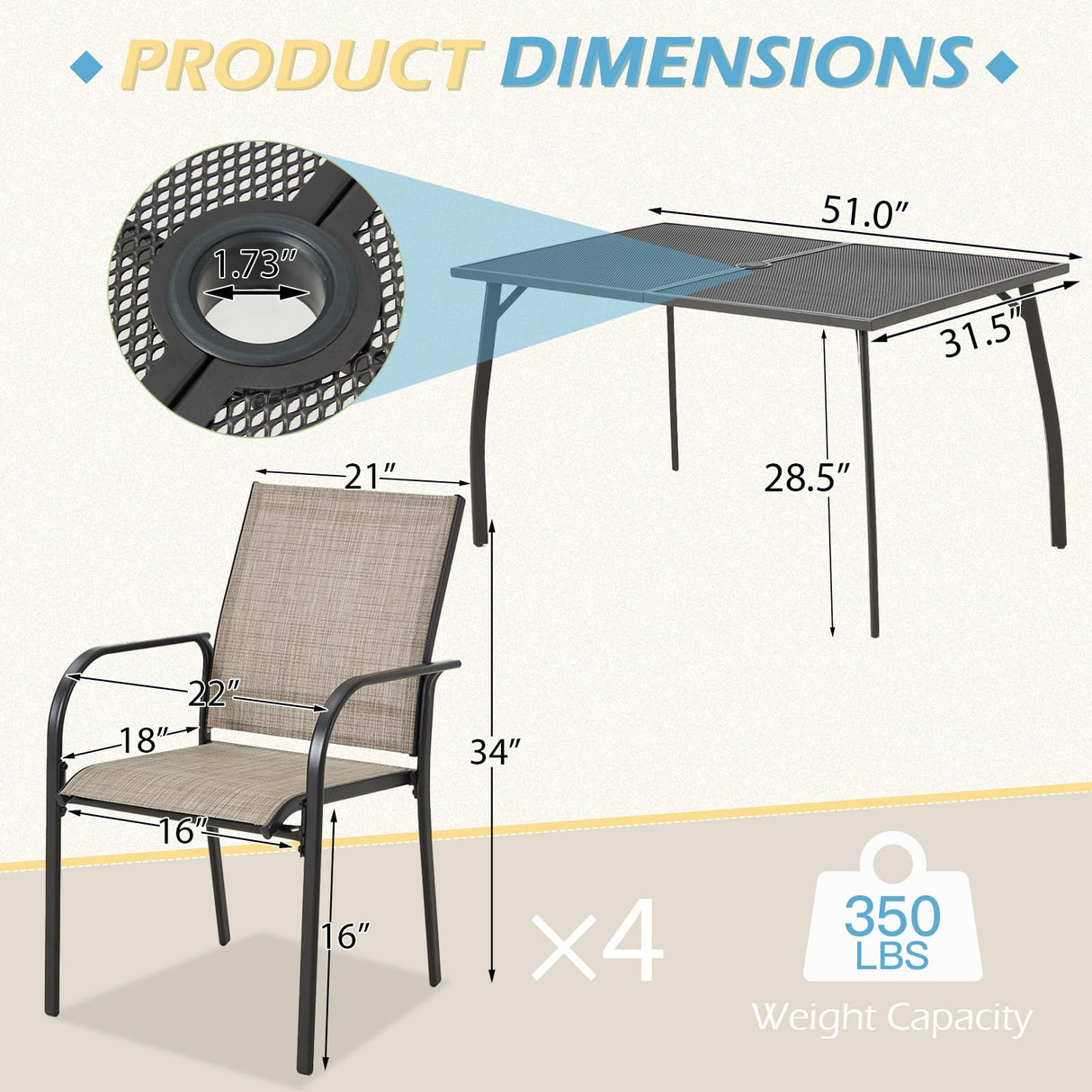 AECOJOY 5 Piece Patio Table and Chair Set for 4, Outdoor Dining Set Includes 51.2" Rectangle Table with 1.73" Umbrella Hole, 4 Stackable Textilene Chairs, for Garden, Backyard and Poolside, Dark Gray AECOJOY