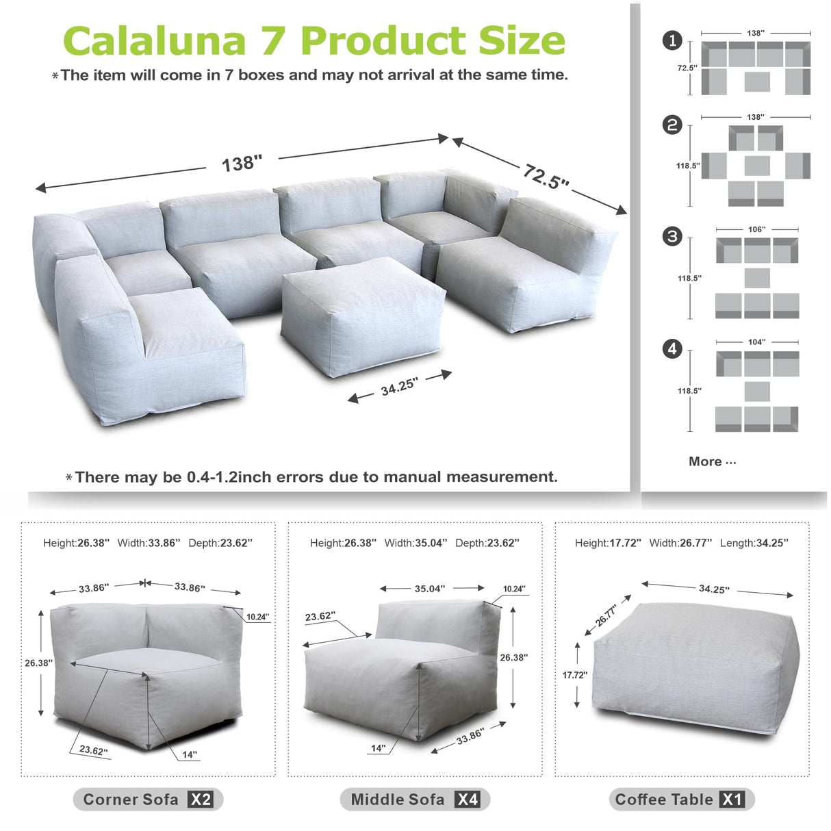 Dineli ANNYH CALALUNA 7Pc Patio Garden Furniture Sectional Conversation Set.Combines 4Middle, 2Corner, 1Ottoman/Coffee Outdoor Exp Foam Filled Chairs. A Unique Modular Contemporary Sofa (Cloud Gray) Dineli