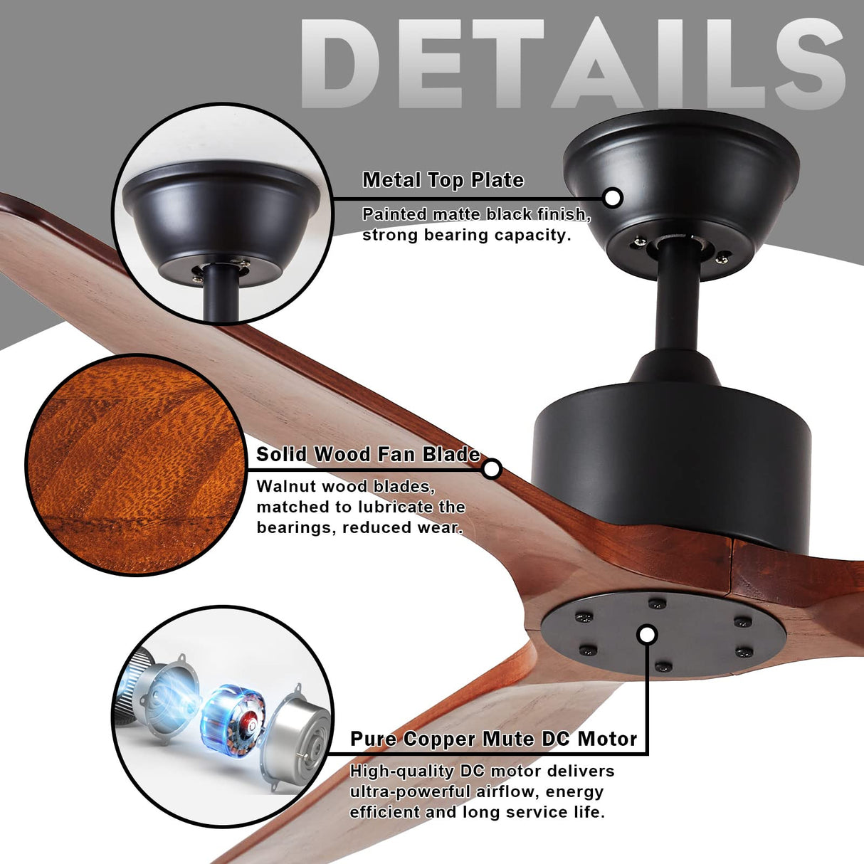 Yifi Deco 52'' Wood Ceiling Fan No Light, Indoor Outdoor Ceiling Fan with Remote, Noiseless Reversible DC Motor 3 Blade Walnut Ceiling Fan Without Light for Farmhouse Patio Living Room Bedroom Yifi Deco