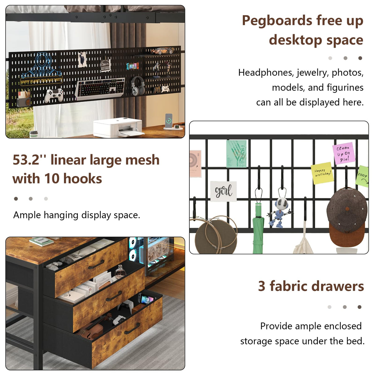 Full Size Loft Bed with U-Shaped Desk, Industrial Heavy Duty Full Loft Bed Frame with Pegboard & Mesh Shelf, RGB Lights, Bunk Loft Beds with Power Outlet, 3 Storage Drawers, Safety Guard & Ladder CSZZD