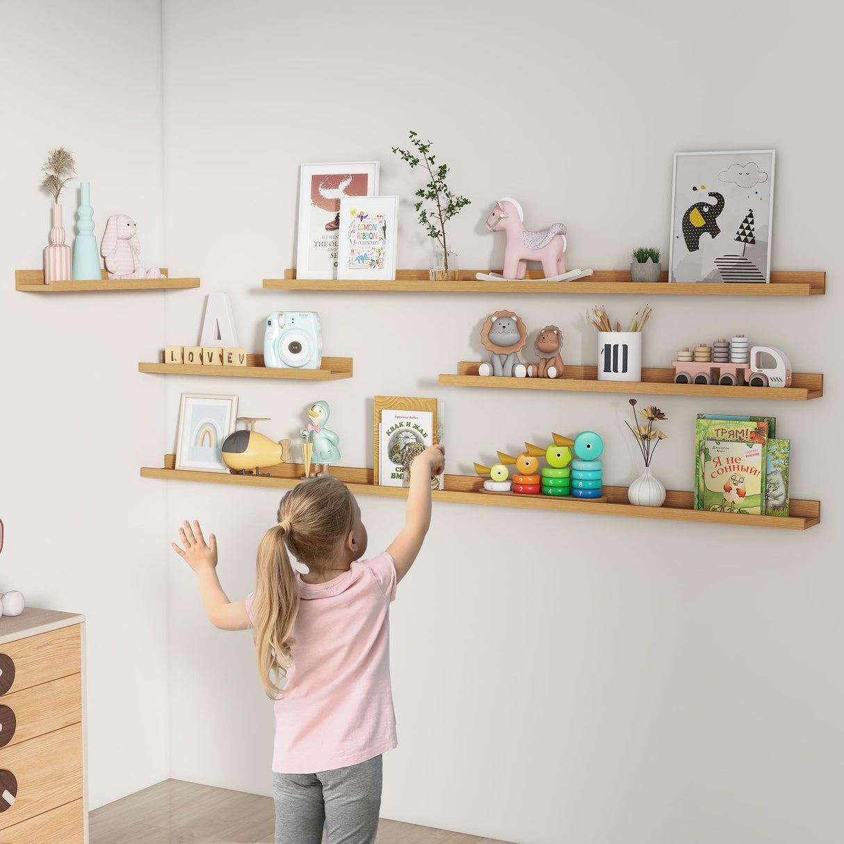 FLYJOE Natural Oak Picture Ledge Shelves Set of 2 - 72 Inch Wall Mounted Display for Books, Photos, and Toys FLYJOE