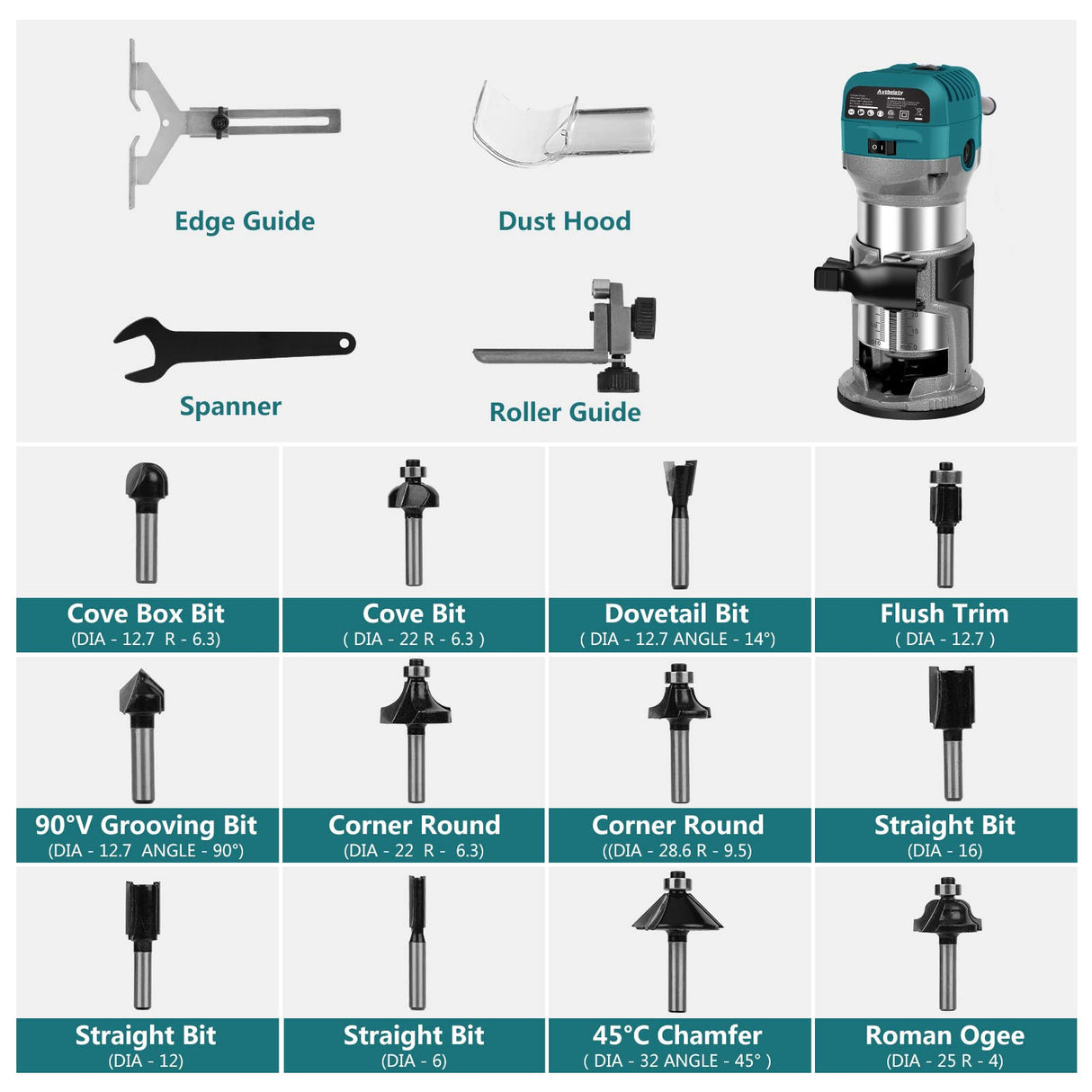 Avtbeisty 6.5-Amp Wood Router Tool, 1.25 HP Compact Trim Router with 6 Variable Speed, Fixed Base, 12 Wood Router Bits, 1/4" & 3/8" Collets, Edge Guide, Roller Guide, and Dust Hood Avtbeisty