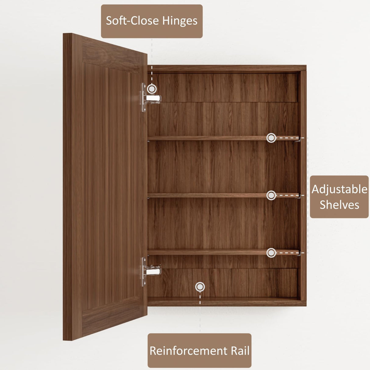 24 x 30 Inch Walnut Grain Medicine Cabinet with Mirror, Recessed or Wall-Mounted Wood Storage Cabinet for Bathroom, Adjustable Shelves, Soft-Close Hinges, Rectangle Buruis
