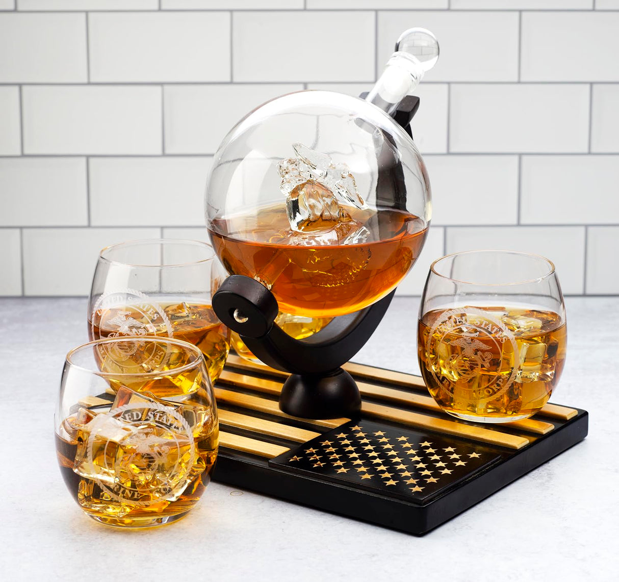 U.S. Marine Globe Whiskey Decanter Set with 4 Liquor Glasses - Wood Flag Base Marine Veteran Gift Set - Navy Gifts Men, Dad, U.S.A Flag - Bourbon & Scotch Military Gift for Father The Wine Savant