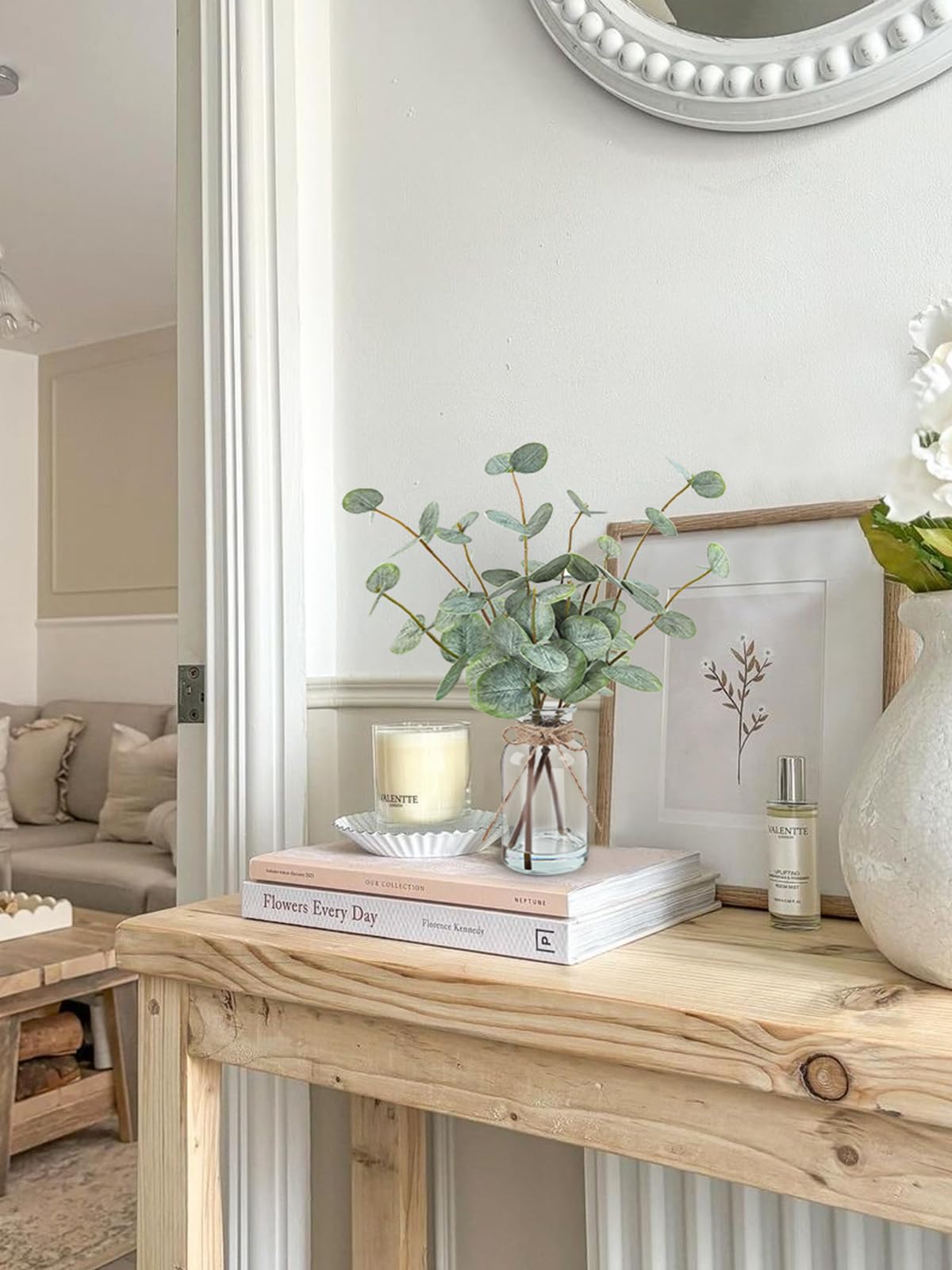 Bessol Artificial Eucalyptus Stems in Glass Vase with Faux Water, 13.5” Fake Plants for Home Decor, Coffee Table Centerpieces, Office, Bathroom & Farmhouse Weddings - Faux Greenery Plants Decorations Bessol