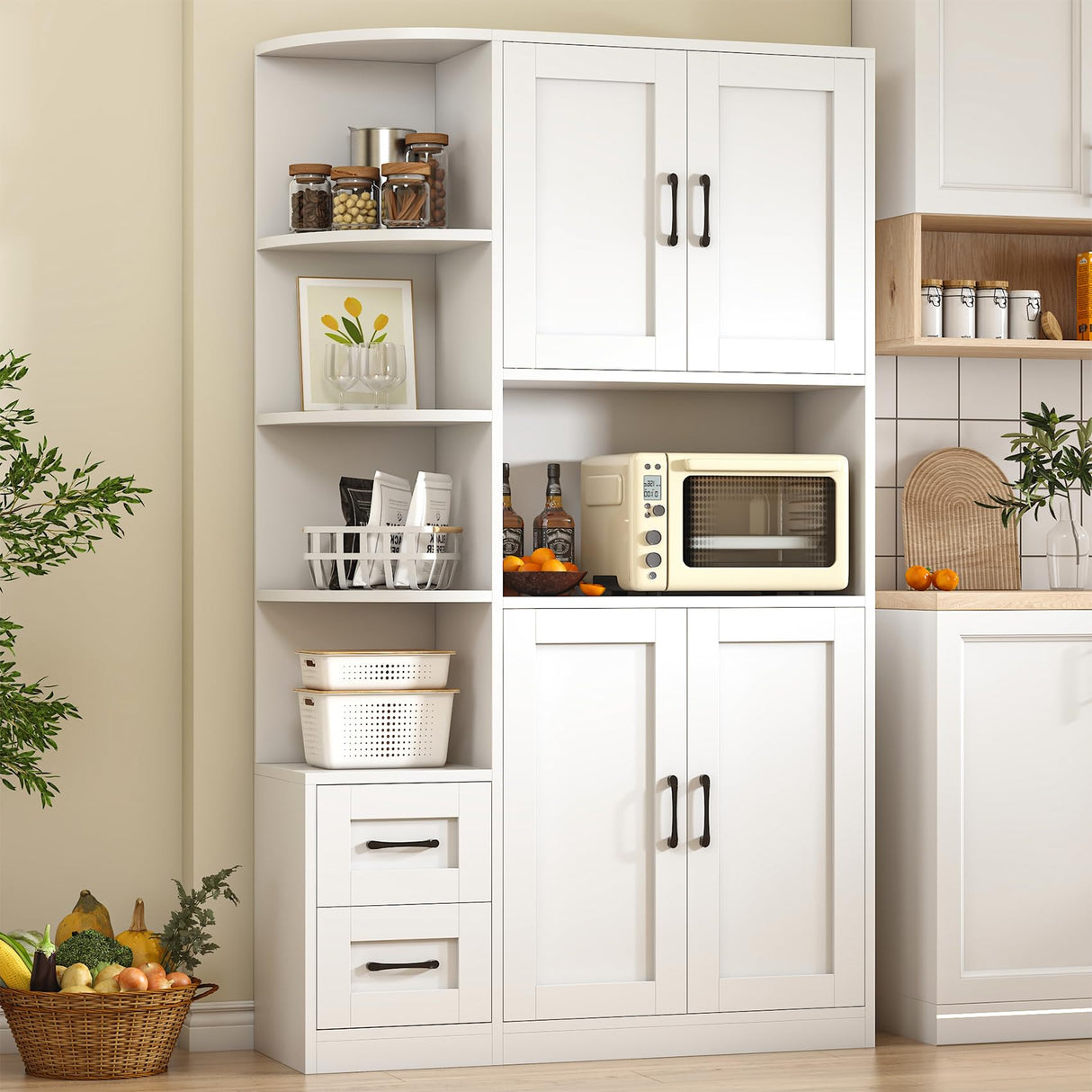 CBBPET 71" Pantry Cabinet with 5-Tier Open Shelf, Tall Kitchen Pantry Storage Cabinet with Microwave Stand, Farmhouse Kitchen Hutch with Storage Drawers for Living Room, Dining Room, White CBBPET
