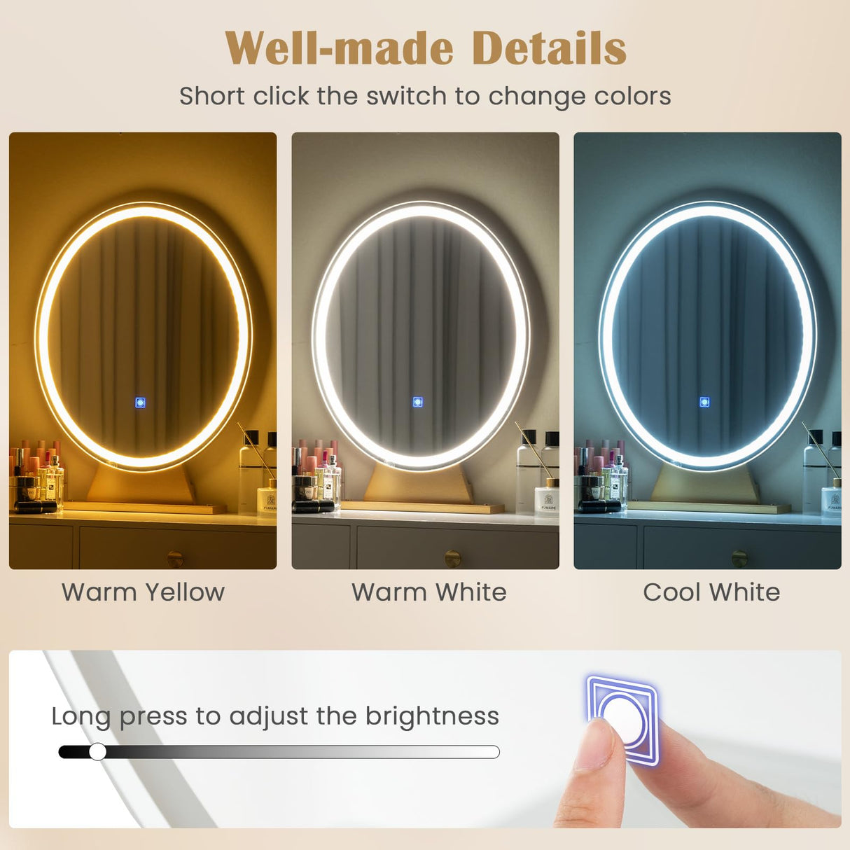 CHARMAID Makeup Vanity Table with Lighted Mirror, Vanity Desk with 2 Large Drawers, Adjustable 3 Lighting Modes, Modern Girls Bedroom Vanity Table with Chair for Small Spaces, White & Gold CHARMAID