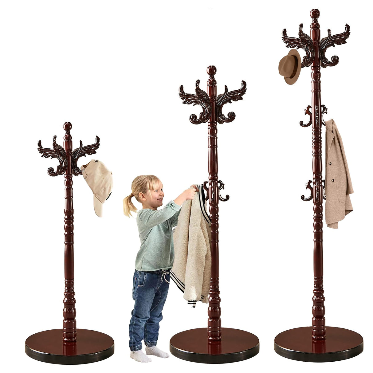 Snaikor Wooden Coat Rack Stand, Vintage Natural Birch Wood Coat Racks Freestanding, Solid Coat Tree Stand with 14 Hooks, Classic Sturdy Coat Racks Hall Tree for Entryway, Office (Round chassis) Snaikor