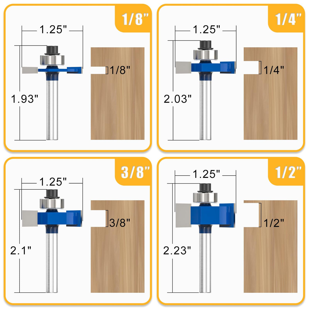 MEIGGTOOL 4Pcs Rabbet Router Bit 1/4" Shank with 6 Bearings Set - 1/16", 1/8", 3/16", 1/4", 5/16", 3/8". Interchangeable Bearings with 1/2" to 1/4" Router Collett MEIGGTOOL