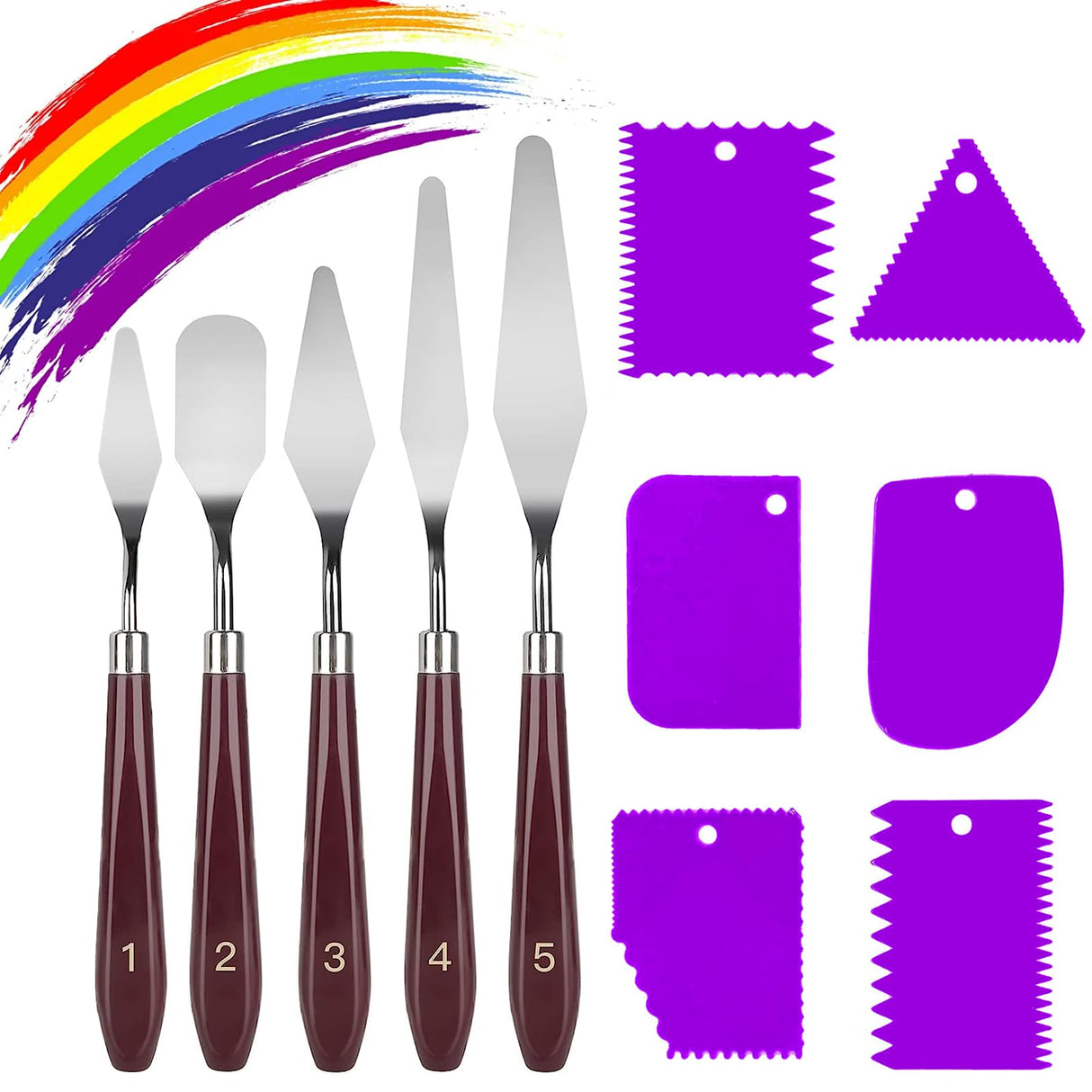 LIERFIS 11 Pcs Palette Knife Set, 5 Pcs Stainless Steel Palette Knives and 6 Pcs Plastic Scrapers, Painting Accessories for Oil Acrylic Canvas Painting Color Mixing Thick Paint Applications (Purple) LIERFIS