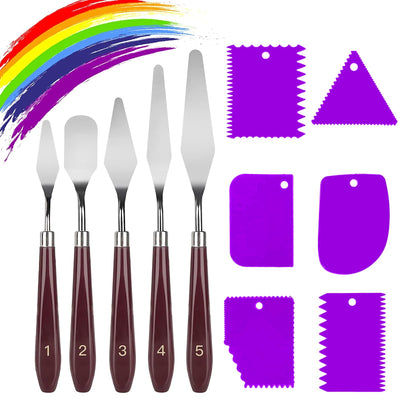 LIERFIS 11 Pcs Palette Knife Set, 5 Pcs Stainless Steel Palette Knives and 6 Pcs Plastic Scrapers, Painting Accessories for Oil Acrylic Canvas Painting Color Mixing Thick Paint Applications (Purple)