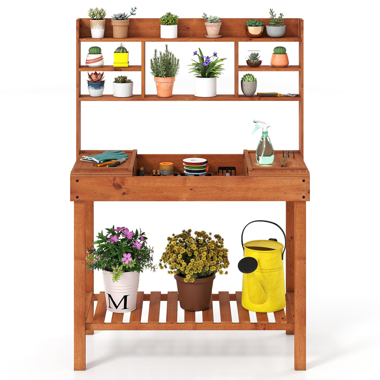 Giantex Potting Bench Table, Outside Solid Wood Gardening Table with Flip-up Tabletop, Storage Shelves, Indoor Outdoor Wooden Workstation for Patio Porch Balcony, Potted Plant Display Rack (Brown) Giantex