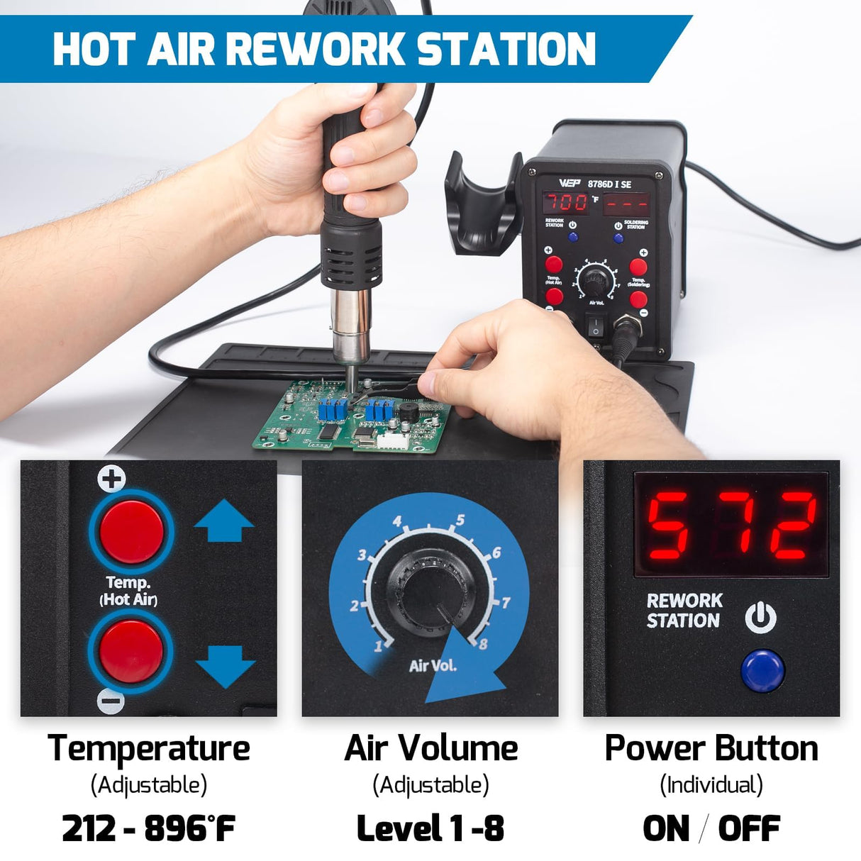 WEP 8786D-I SE Hot Air Soldering Iron Station Kit 2-IN-1 for Rework, Desoldering with Lead-Free Solder Wire, 5 Soldering Tips, 3 Hot Air Nozzles,Tweezers, Desoldering Pump WEP