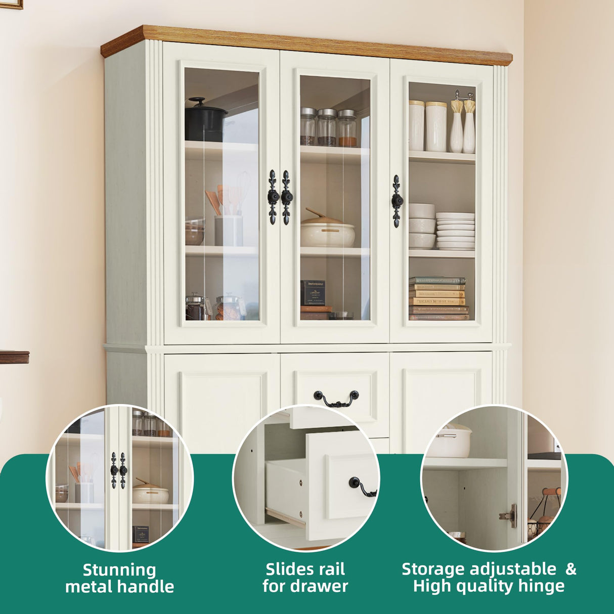 YITAHOME 71" H x 47" W Kitchen Pantry with 3 Drawers, Large Storage Cabinet with 3 Glass Doors & Adjustable Shelves, Freestanding Tall Display China Cabinet for Living & Dining Room, White YITAHOME