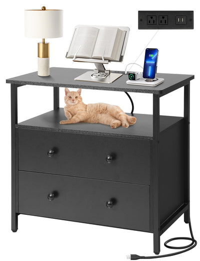 Edbuosy 27 inch Wide Nightstand with Charging Station, Bedside Table with Open Shelf, 2 Drawers Small Wood Dresser, End Side Table for Bedroom (Black)