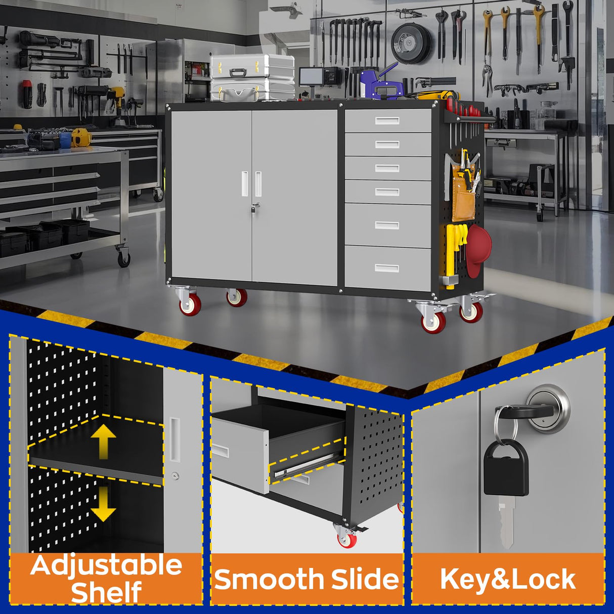 Eltean 55" W Rolling Workbench with 6 Drawers and Storage Cabinet,1000 LB Capacity Heavy Duty Work Bench with Pegboard and Adjustable Shelf,Garage Workbench with Wheels for Repair Shop/Workshop Eltean
