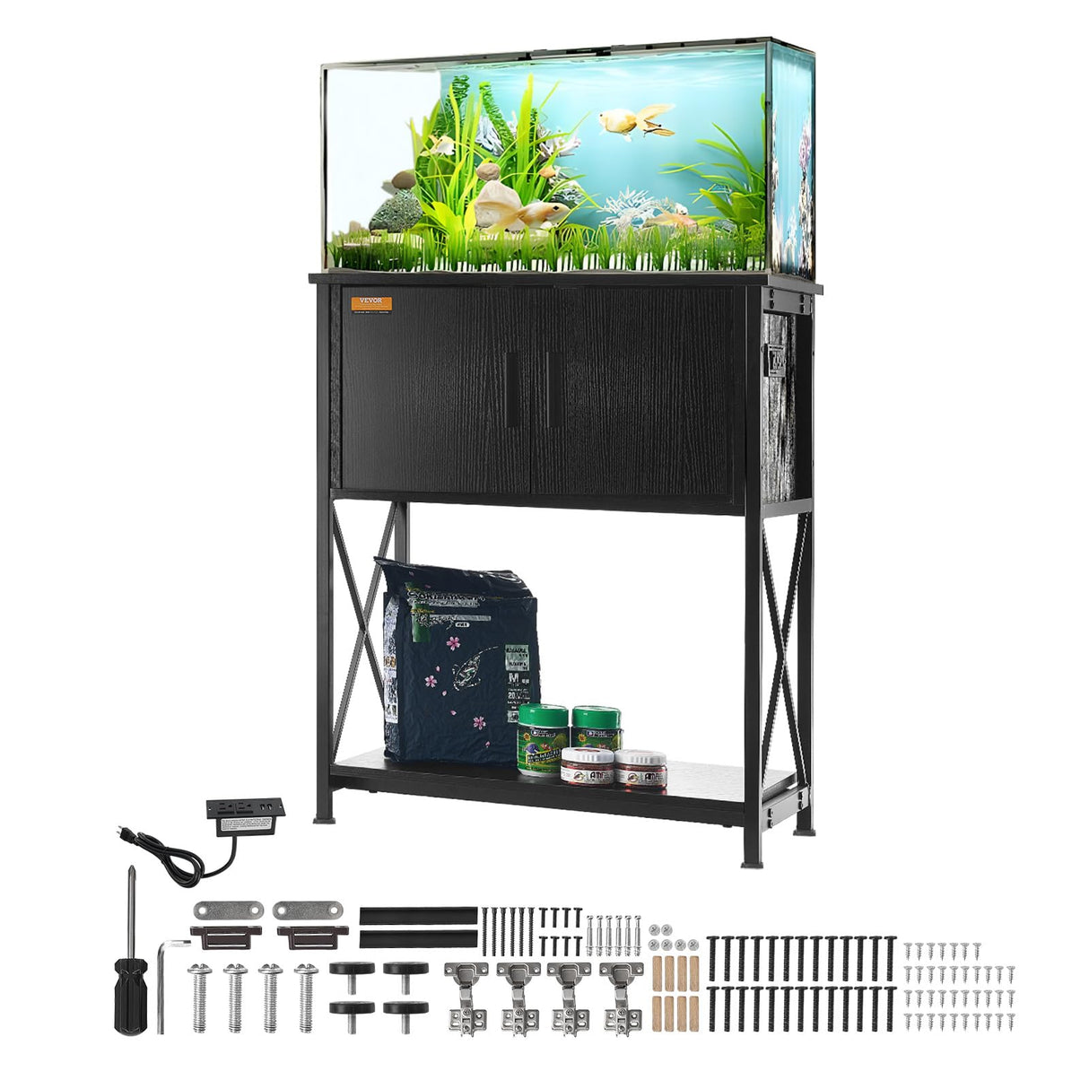 VEVOR Aquarium Stand, 20 Gallon Fish Tank Stand, 25.6 x 16.5 x 31.9 in Steel and MDF Turtle Tank Stand, 167.6 lbs Load Capacity, Reptile Tank Stand with Storage Cabinet and Embedded Power Panel, Black VEVOR
