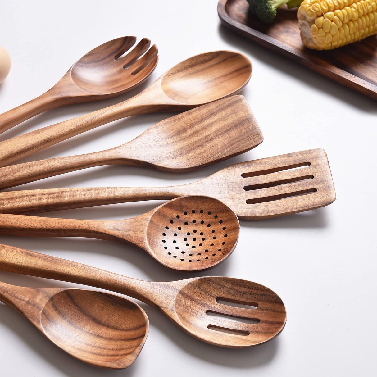 Gudamaye 13 inch Long Wooden Utensils for Cooking, Long Handle Wooden Spoons for Cooking, 7 PCES Crafting Wooden Spoon Set, Wooden Kitchen Utensil set, Natural Teak Wooden utensil Set Gudamaye