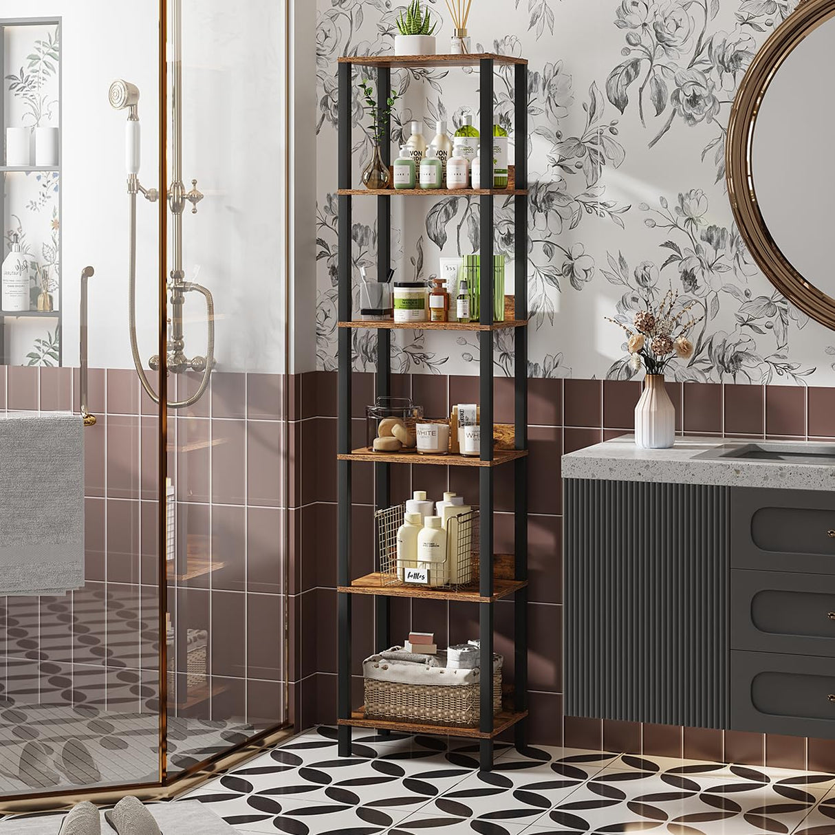 6 Tier Bookshelf with Anti-Fall Baffle, Tall 64.79" Bookcase with DIY Shelves, Industrial Book Shelf Storage Organizer, Display Free Standing Shelf Unit for Bedroom, Living Room, Office, Rustic Brown VIMBER