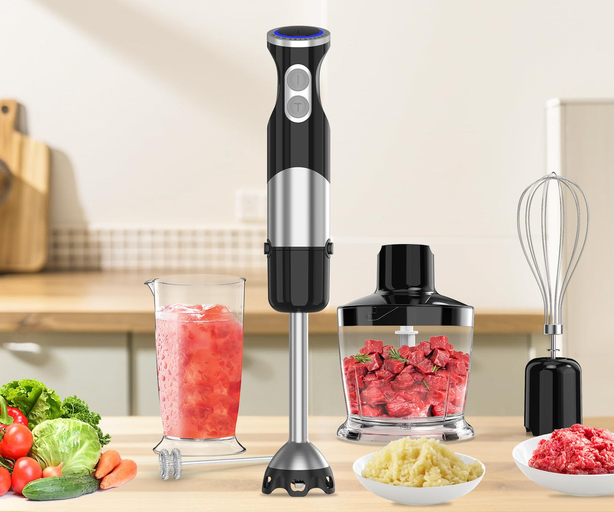 Immersion Blender 5 in 1 Handheld Blender - 1100W Scratch Resistant Blender Stick, 12 Speed and Turbo Boost Hand Blender with Chopper,Beaker,Whisk and Milk Frother for Milkshake Puree Smoothie Food CEUKOZ