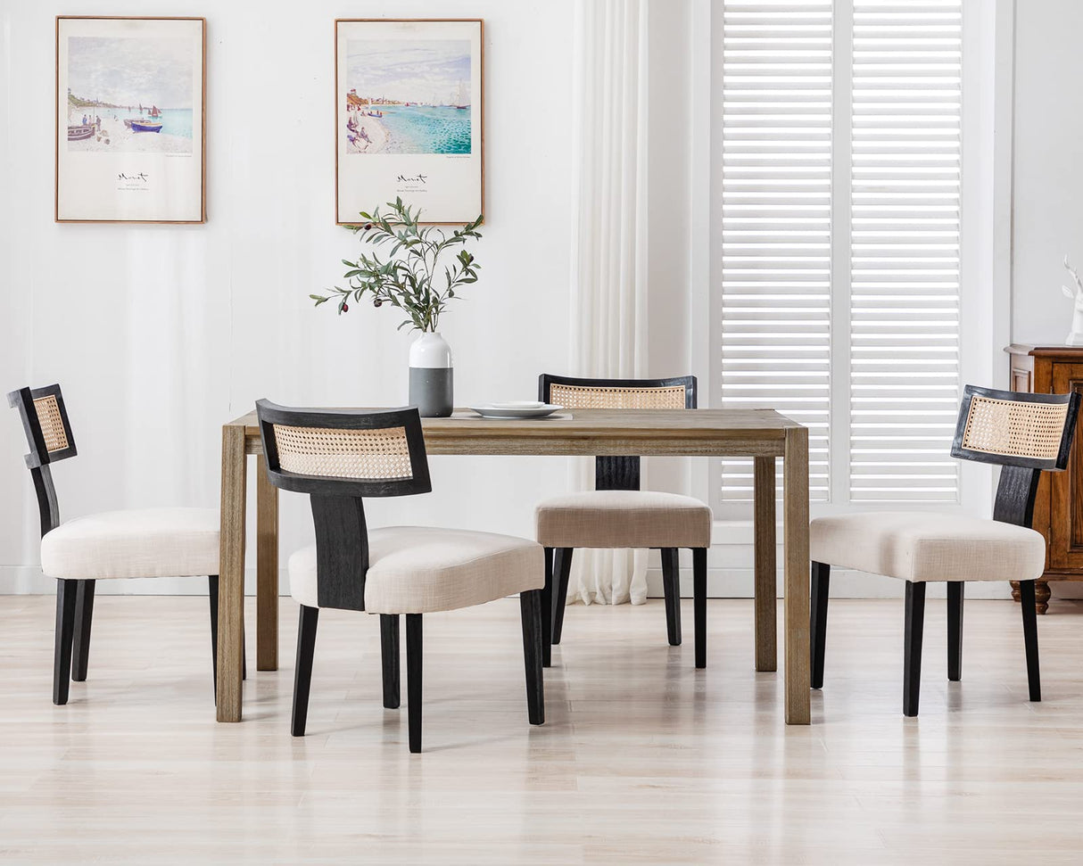 HNY Mid Century Modern Rattan Dining Chairs Set of 6, Farmhouse Linen Upholstered Accent Chair Curved Backrest Kitchen Chairs, with Black Hardwood Frame, Beige HNY