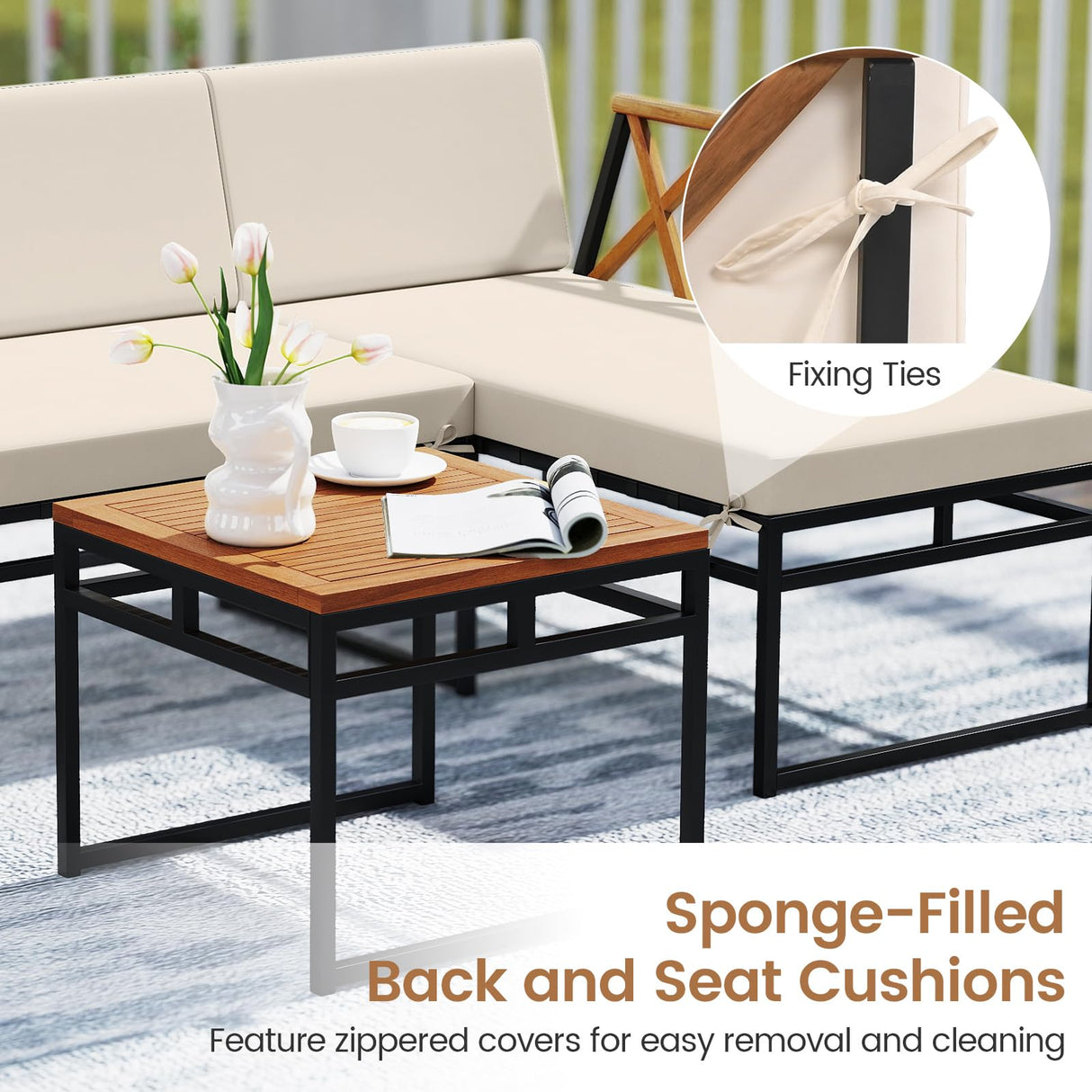 Tangkula 3 Pieces L-Shaped Outdoor Furniture Set, Acacia Wood Patio Sectional Cushioned Conversation Sofa with Square Coffee Table, for Porch, Backyard & Poolside (Beige) Tangkula