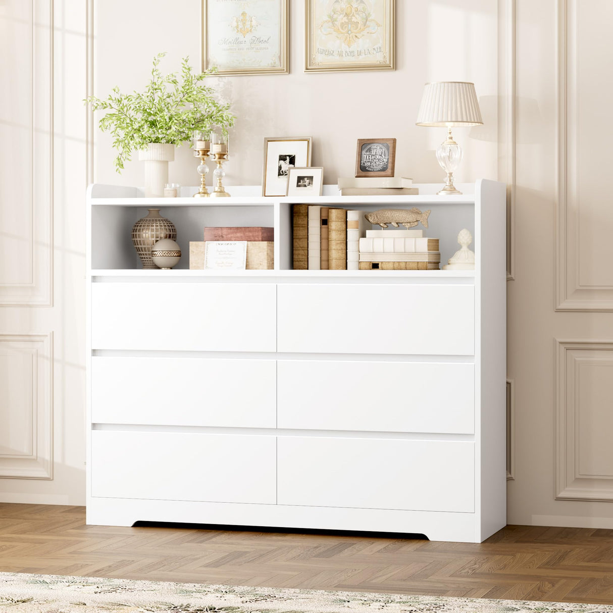 FOTOSOK White Dresser, 47.2" White Modern Chest of Drawers with 2 Open Cabinets, Handless Design Dresser with 6 Drawers, Wood Dressers Storage Drawers for Home & Office FOTOSOK