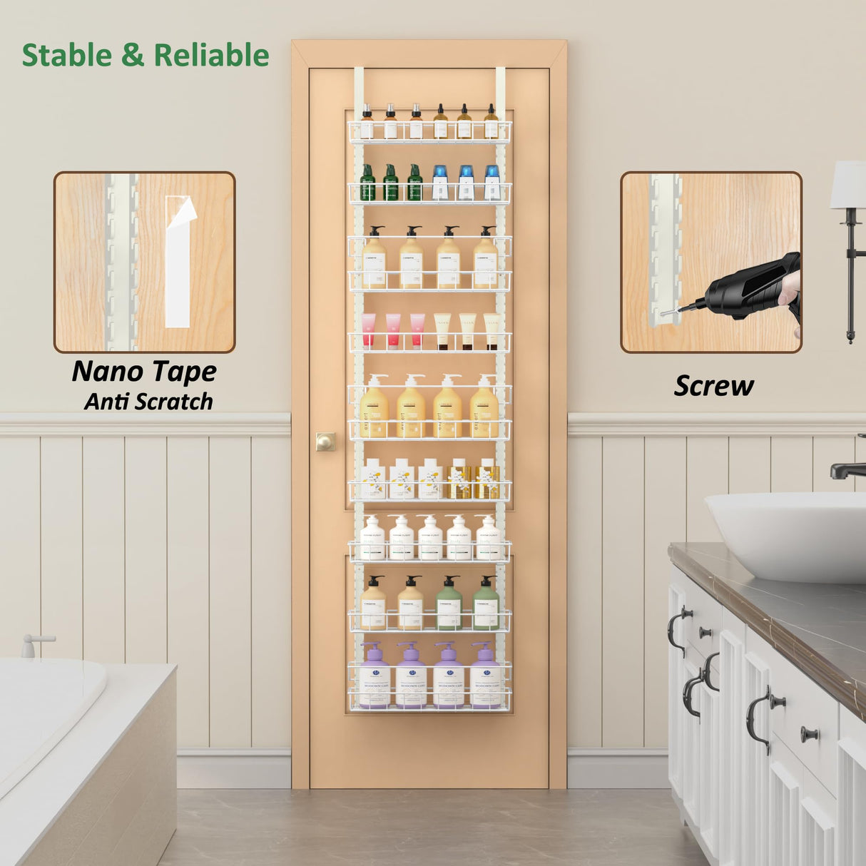 Churboro Over the Door Pantry Organizer Rack with 9 Adjustable Baskets, 9 Tiers Dual-use Hanging or Wall Mount Spice Rack Organizer, White Churboro