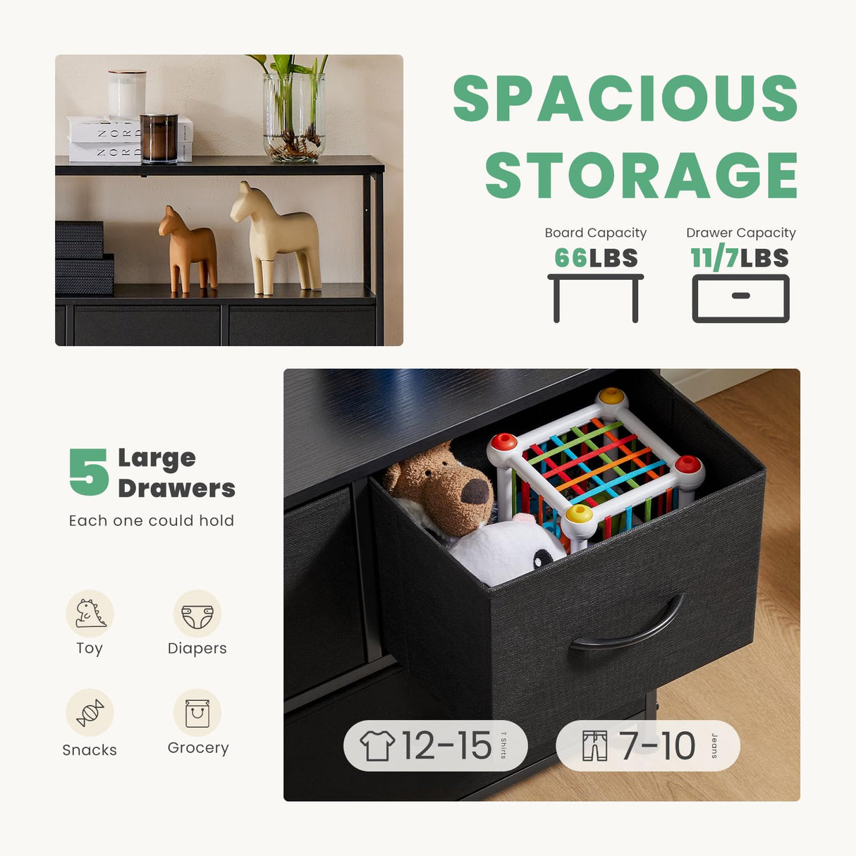 DUMOS TV Stand Dresser for Bedroom with 5 Fabric Drawer,Entertainment Center for 45 inch Television, Media Console Table with Storage, Open Shelf, Adjustable Feet, Living Room Furniture, Black DUMOS