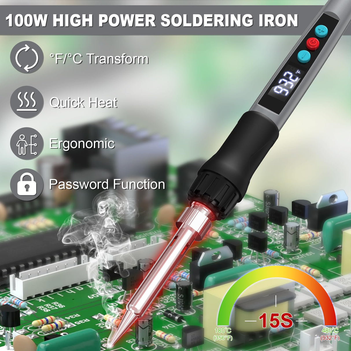 Soldering Iron Kit, 100W Soldering Gun with LED Digital Display, Adjustable Temperature 356-932â Solder Kit for Electronics,Gray Crtsweker