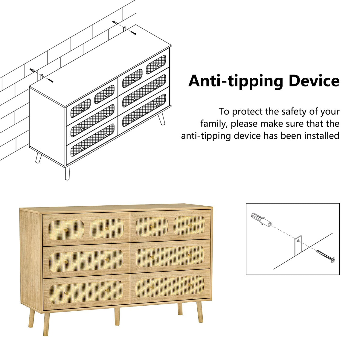 HOUROM Rattan Dresser for Bedroom, Modern 6-Drawer Double Dresser with Gold Handles, Wood Storage Chest of Drawers for Bedroom HOUROM