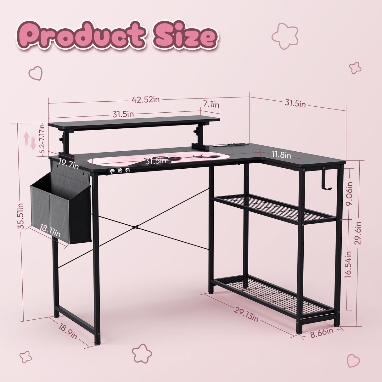 Dowinx L-Shaped Gaming Desk Cute with Cat Accessories, Built-in Power Outlet, Monitor Shelf, and Side Storage – Sturdy Metal Frame for Gamers and Home Office, 43-Inch, Black&Pink Dowinx