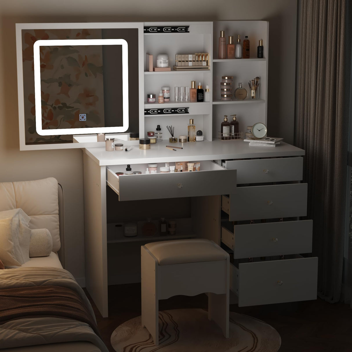 FUNISIR Makeup Vanity Desk with Sliding Mirror and Lights, Makeup Table Set with 3 Colors LED Light, 5 Drawers, Shelves & Stool, Bedroom Dressing Table Girls Vanity Desk in White FUNISIR
