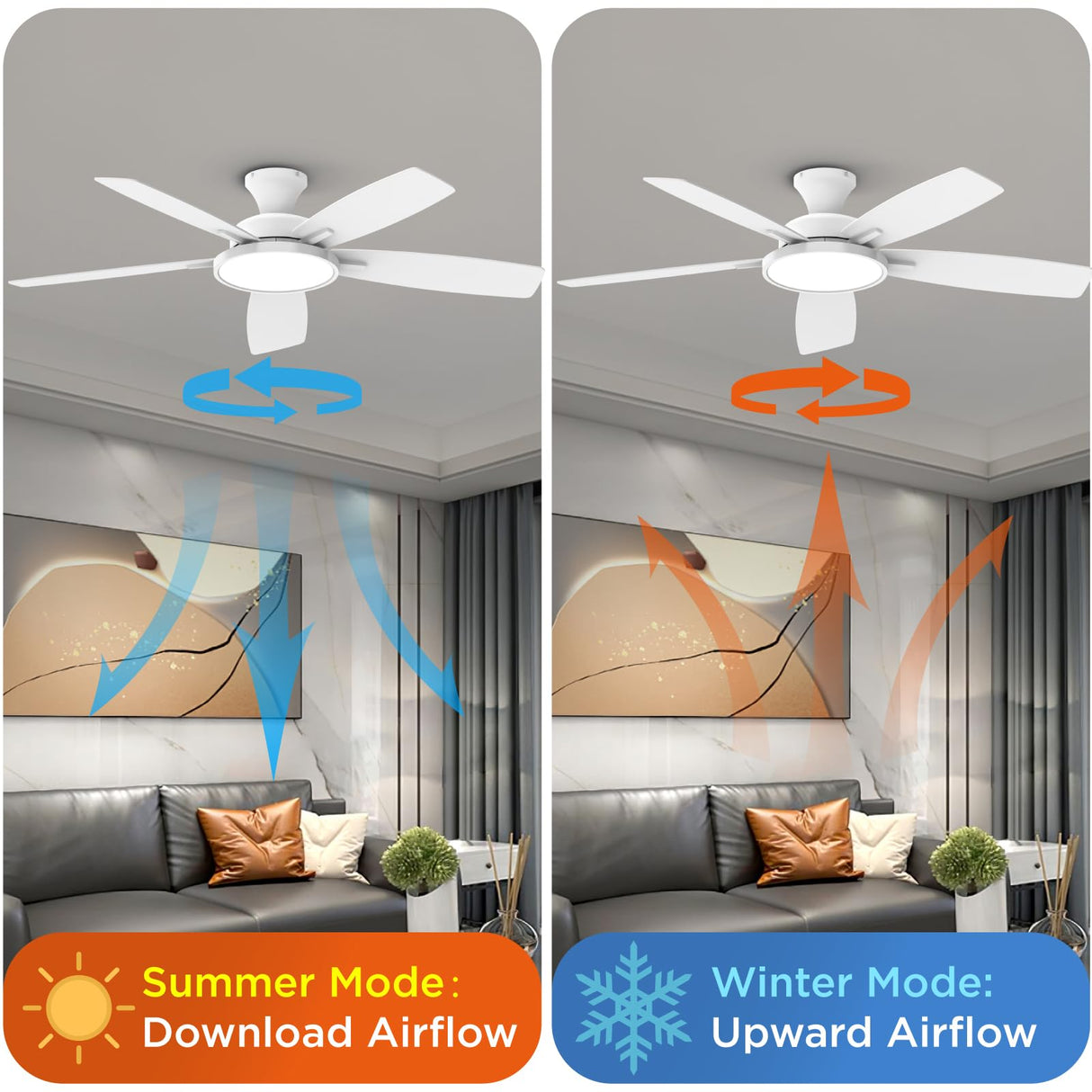TALOYA 52 inch Ceiling Fans with Lights,Remote Control Multifunctional Quiet Fan with Three Color Temperature and Dimmable Light with Reversible Blades White TALOYA