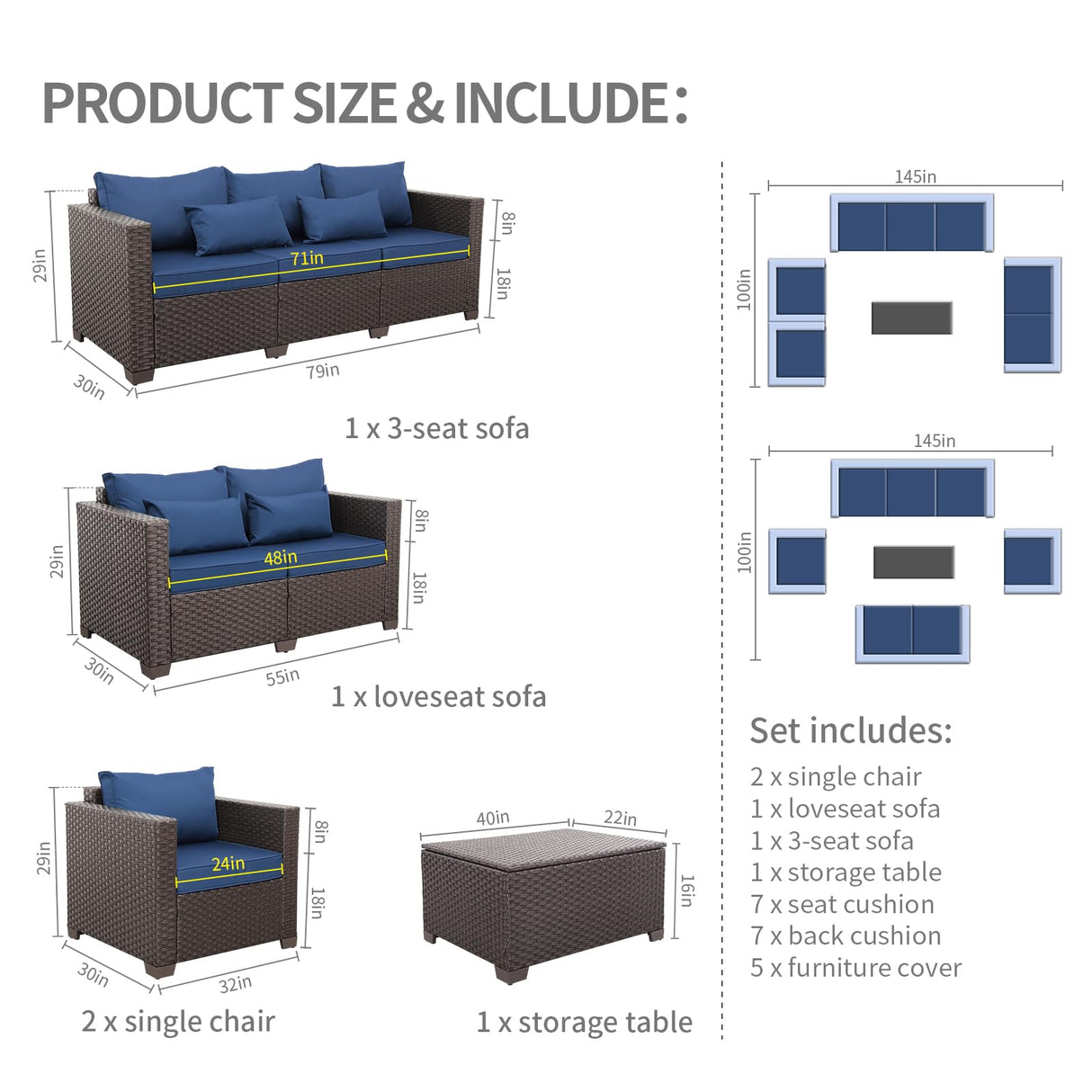 Rattaner Patio Furniture Set 5 Pieces Outdoor Furniture Set Outdoor Couch Coffee Table with Storage No-Slip Cushions and Waterproof Covers, Navy Blue Rattaner