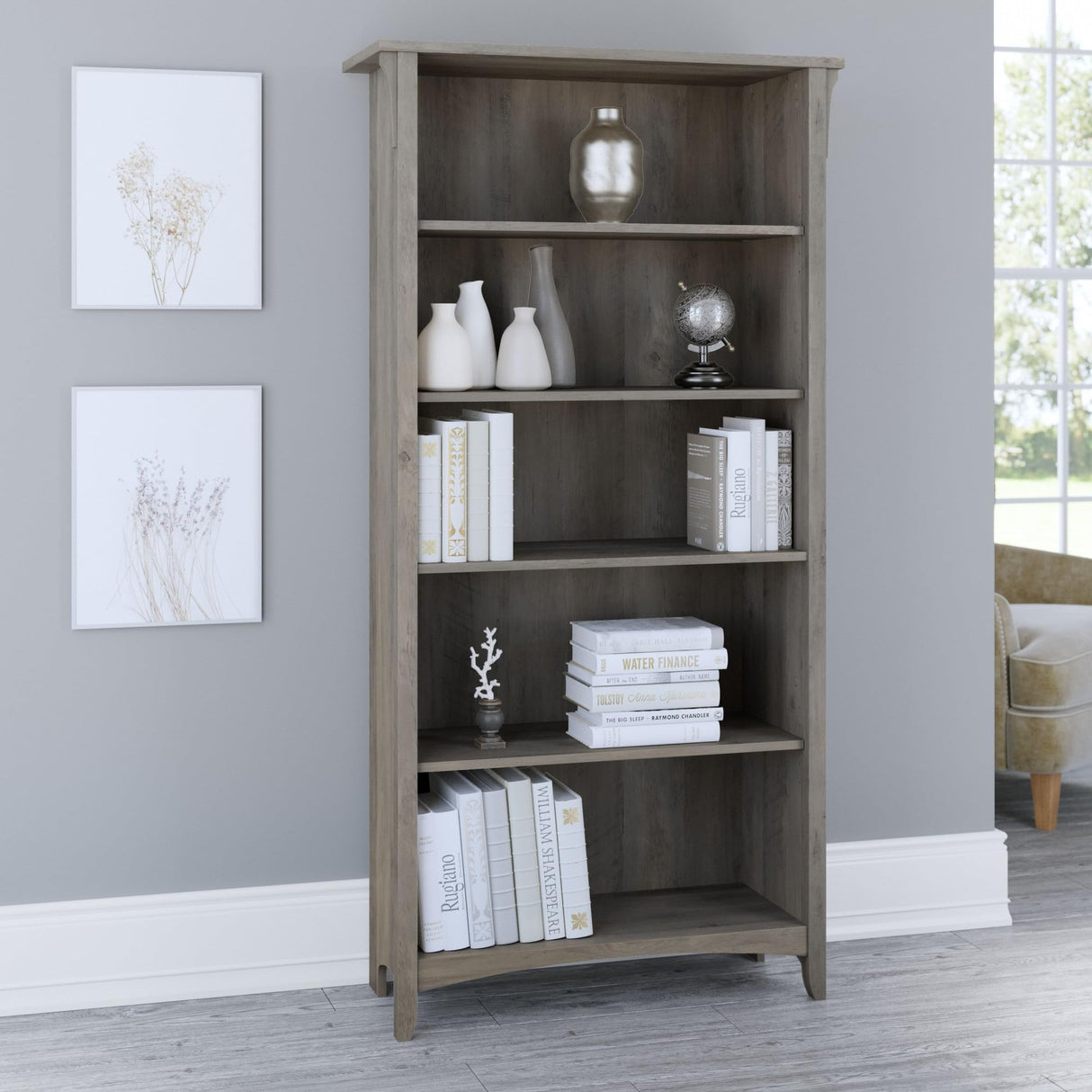 Bush Furniture Salinas 5 Shelf Bookcase in Driftwood Gray, Tall Bookshelf, Large Book Shelf for Living Room, Home Office, or Entryway Bush Furniture