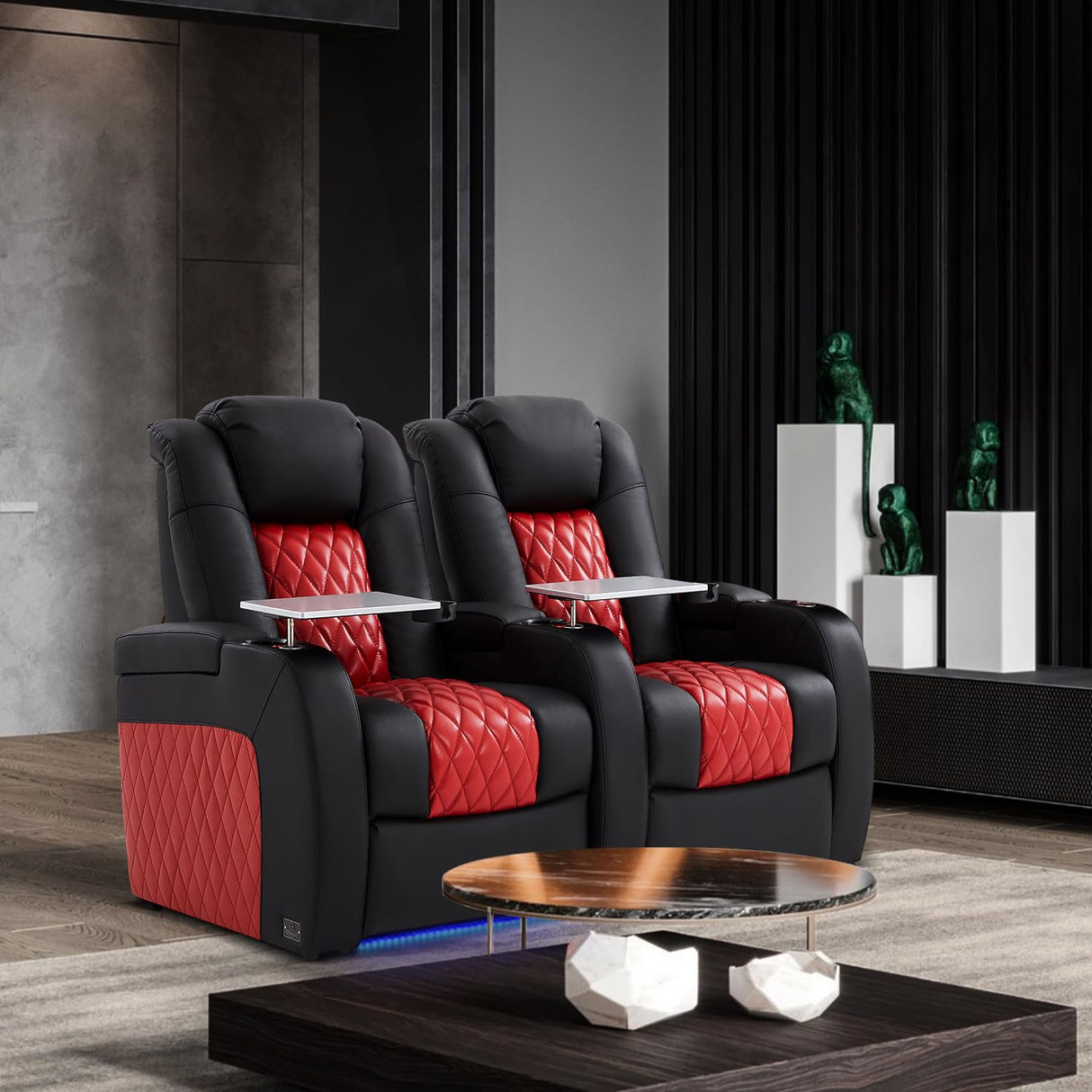 Weilianda Home Theater Seating, Top Grain Leather Movie Seats Recliner Chair, Zero Gravity Reclining Gaming Sofa with Power Headrest 7 Colors Ambient Lighting Single Seat Black Dark Red Weilianda
