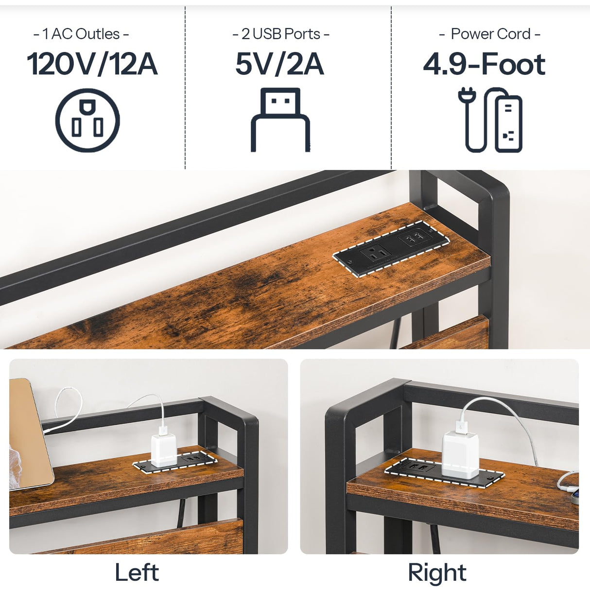 HOOBRO Headboard Queen Size, Headboard with 2 Outlets and 4 USB Ports, Adjustable Height, Storage Rack, Sturdy and Stable, Easy Assembly, Rustic Brown and Black HOOBRO