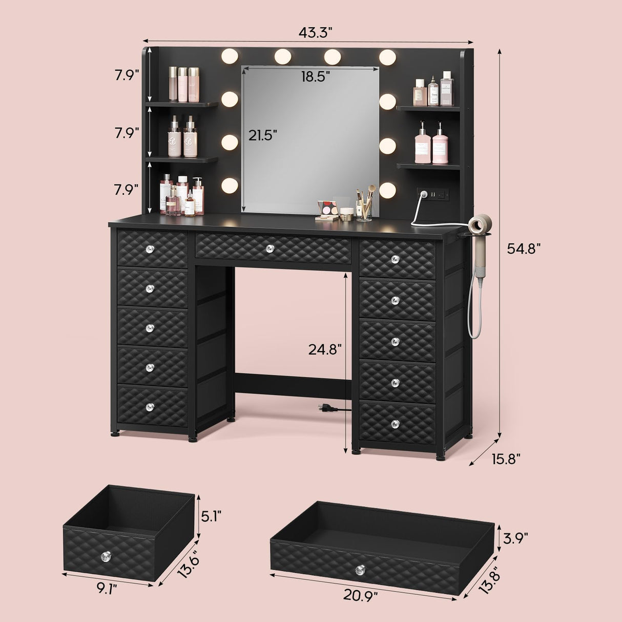 HAUOMS Vanity with Lights and Mirror, 11 Drawer Makeup Vanity with Power Strip, 6 Open Shelves, 43.3” Vanity Desk with Storage, Dressing Table with 3 Color Modes for Bedroom, Women, Girls, Black HAUOMS