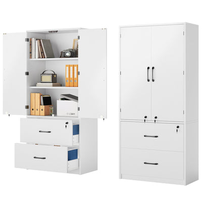 YITAHOME Wood File Cabinets, Heavy Duty Garage Tool Cabinets with Doors & Adjustable Shelves, Big Storage Filing Lockers for Home Office, Living Room, Pantry, Gym, Basement, Warehouse, White
