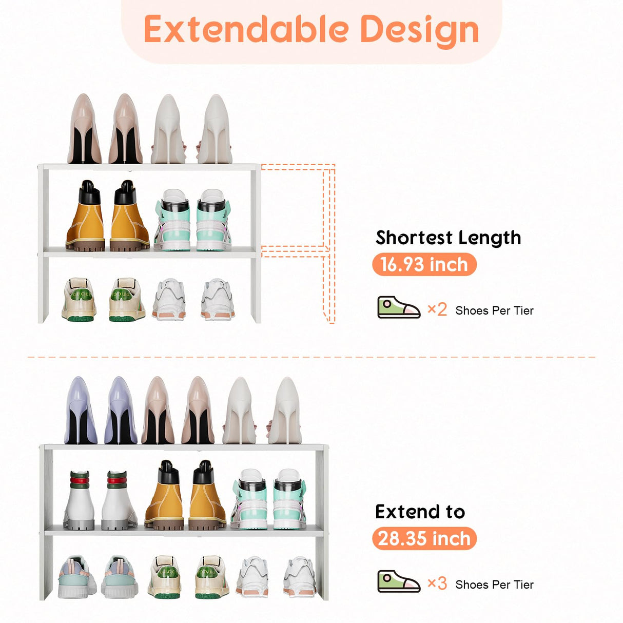 X-cosrack 2-Tier Shoe Rack Organizer for Closet, Expandable and Adjustable White Shoe Rack, Stackable Iron Wood Combination Shoe Storage Shelves for Closets, Entryway, Small Space, Hallway, Garage X-cosrack