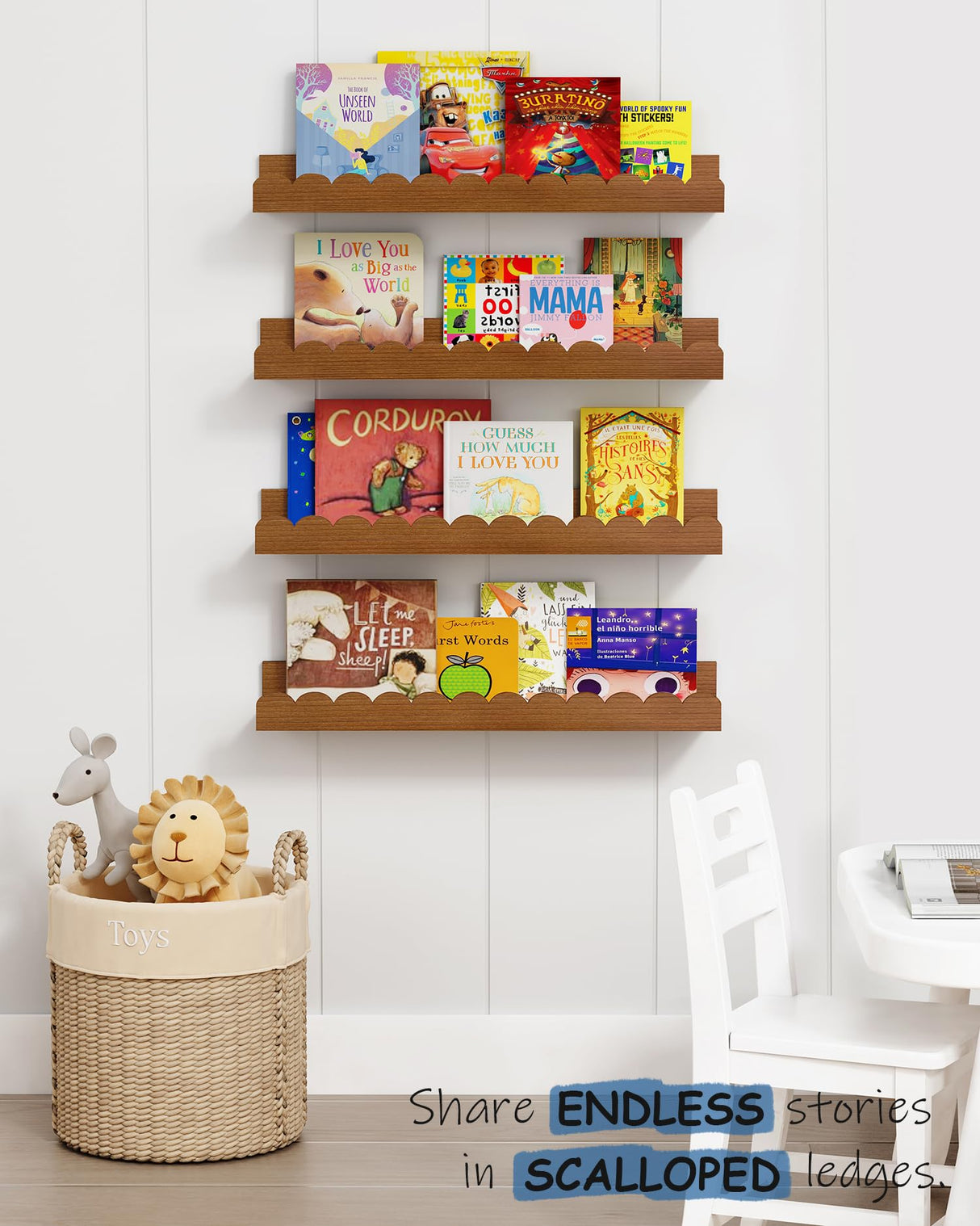 Harwaya Walnut Nursery Book Shelves Wall Set of 4, Dark Wood Scalloped Floating Bookshelf for Wall, Cloud Wooden Hanging Shelving Unit for Kids Bedroom Baby Child Toddler Room Kitchen (Walnut Brown) Harwaya