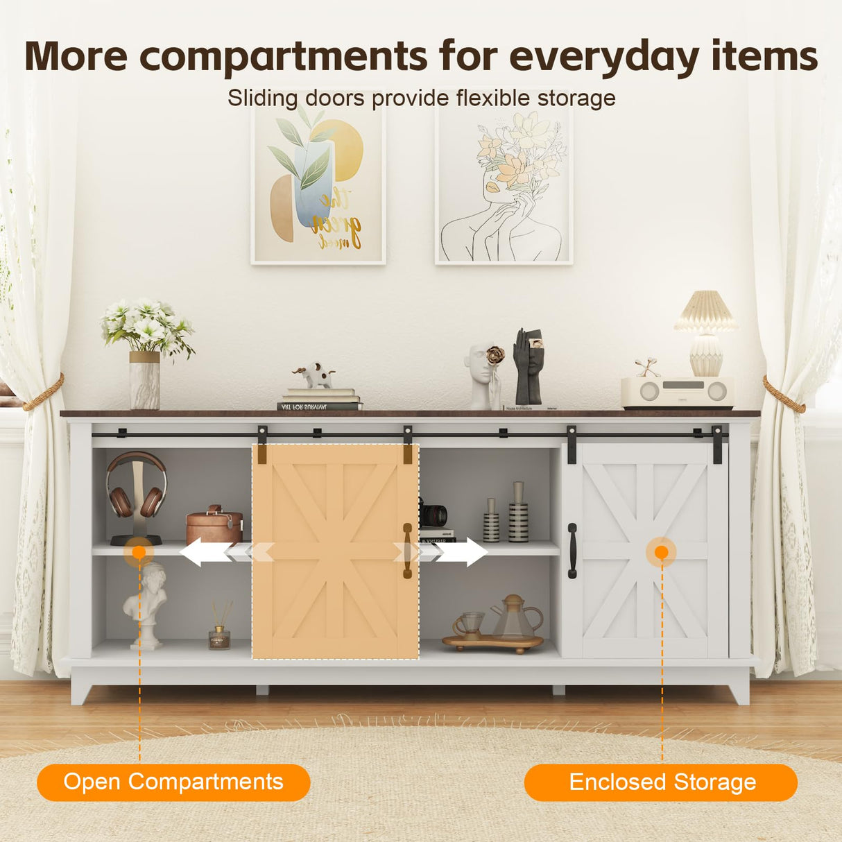 Garvee Home Farmhouse TV Stand for 75 in Television, Wood Entertainment Center with Storage & Barn Doors, Adjustable Shelf Media TV Console Table Cabinet for Living Room, 66 in Large, White Garvee