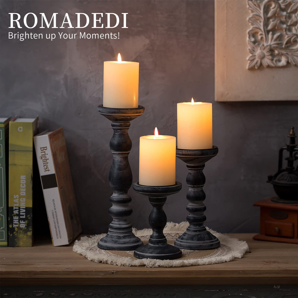 Candle Holder for Pillar Candles: Romadedi Set of 3 Decorative Wood Candlestick Holders, Rustic Wooden Candle Stand for Fireplace Mantle End Table Shelf in Farmhouse Style, Black 6”, 8.3”, 12” Romadedi