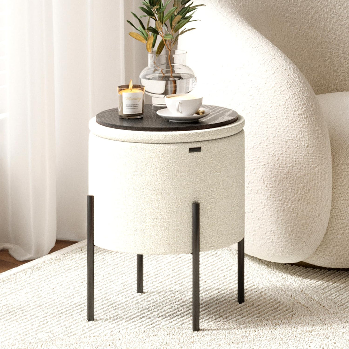 STORAGEBUD Round Ottoman with Storage, Boucle Storage Ottoman, Foot Stool Ottoman, Makeup Vanity Stool, Small Ottoman Foot Rest, Modern Ottomans for Living Room and Bedroom, White STORAGEBUD