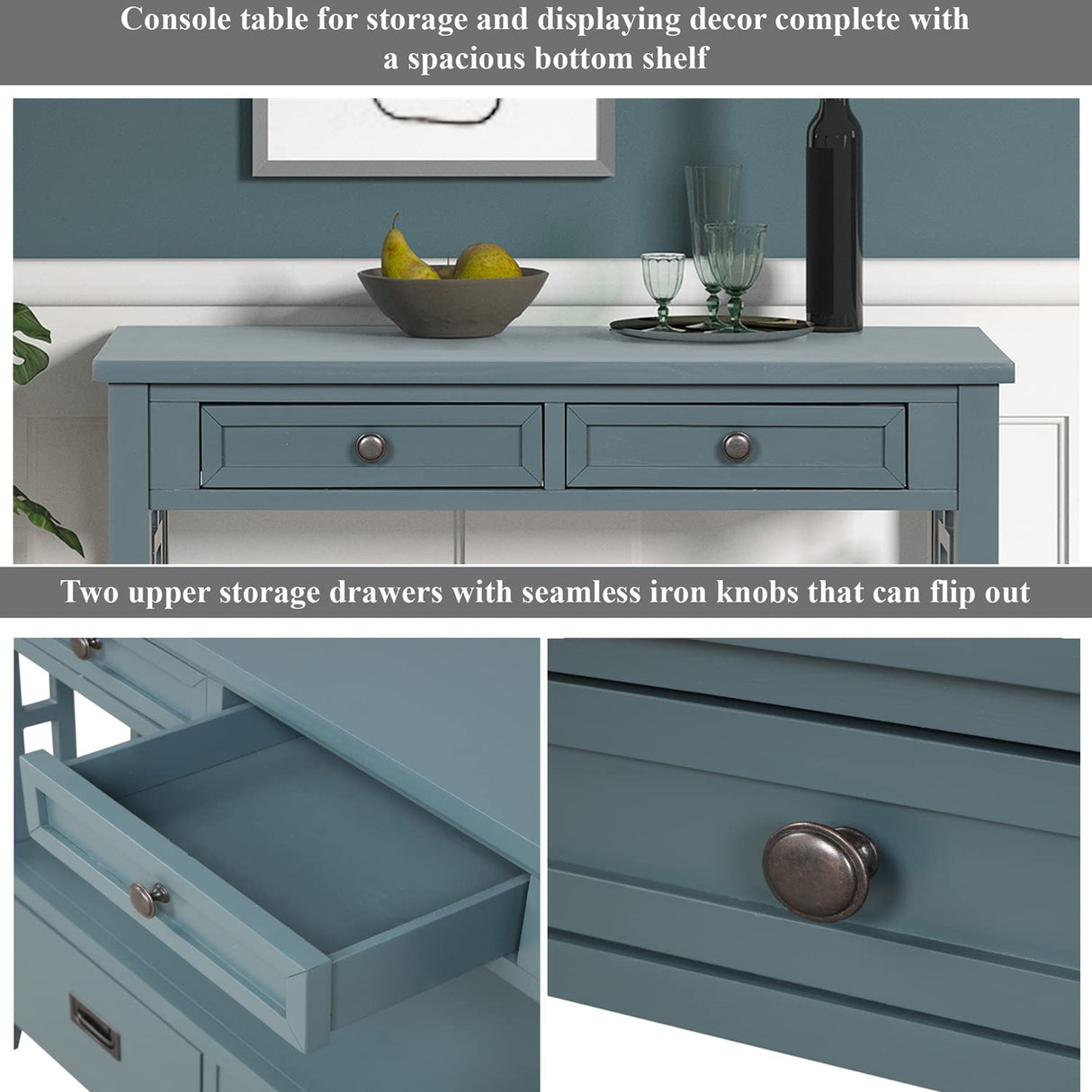 YWUFUART 36 "Farmhouse Narrow Long Solid Wood Console Entry Table for Living Room Bedroom Hallway Kitchen (Blue) YWUFUART