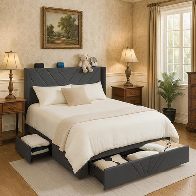 COMHOMA King Size Metal Bed Frame with Upholstered Headboard,Storage Drawers,USB & Type-C Charging Ports,No Box Spring Needed,Dark Grey