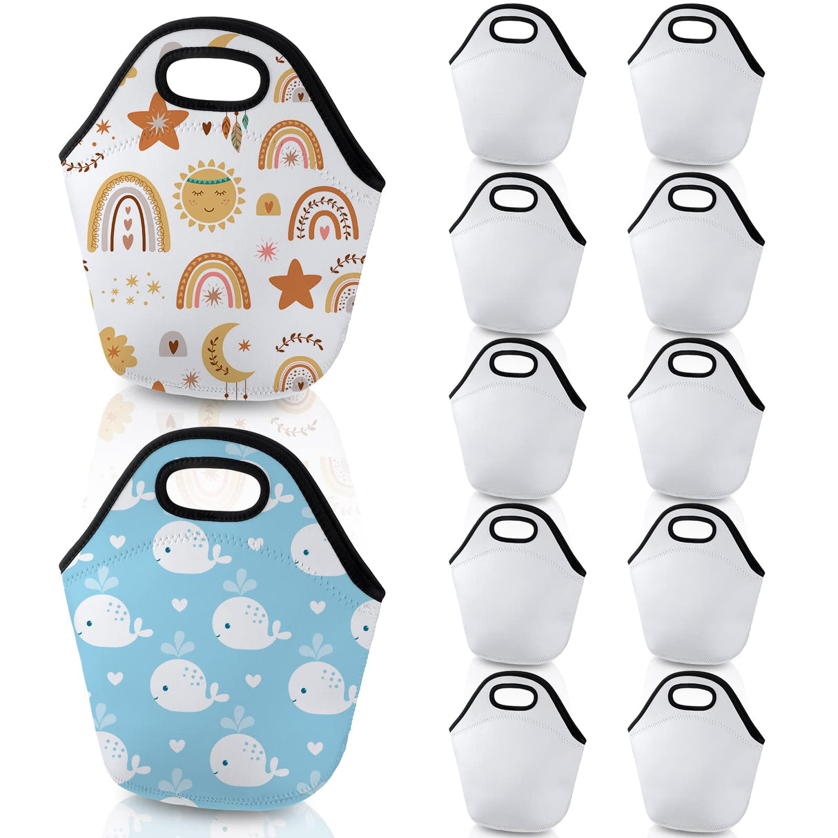 Sumind 12 Pcs Sublimation Blank Neoprene Lunch Bags DIY Reusable Lunch Box Thermal Insulated Pouch Foldable Food Carry Case Handbags Tote with Zipper for Women Adults Work Outdoor(White) Sumind